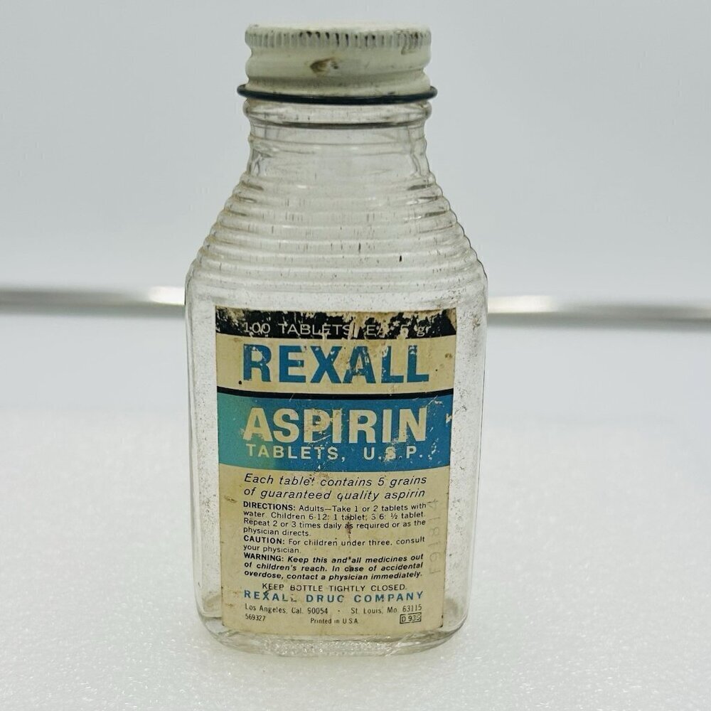 Vintage Rexall Aspirin Bottle with Metal Cap 4" Tall USA